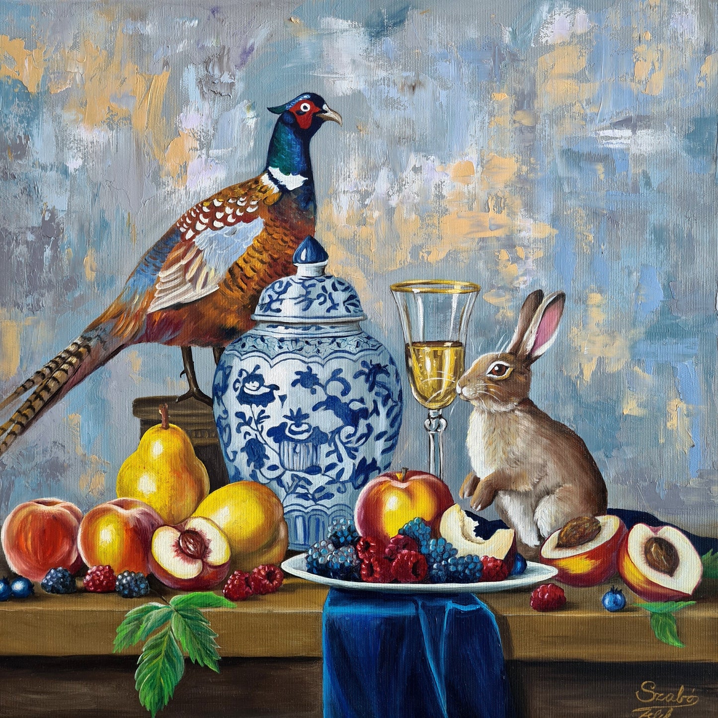 A kék korsó rejtélye – 50x50 cm-es eredeti olajfestmény vászonra, Daniella Szabò-Telektől.