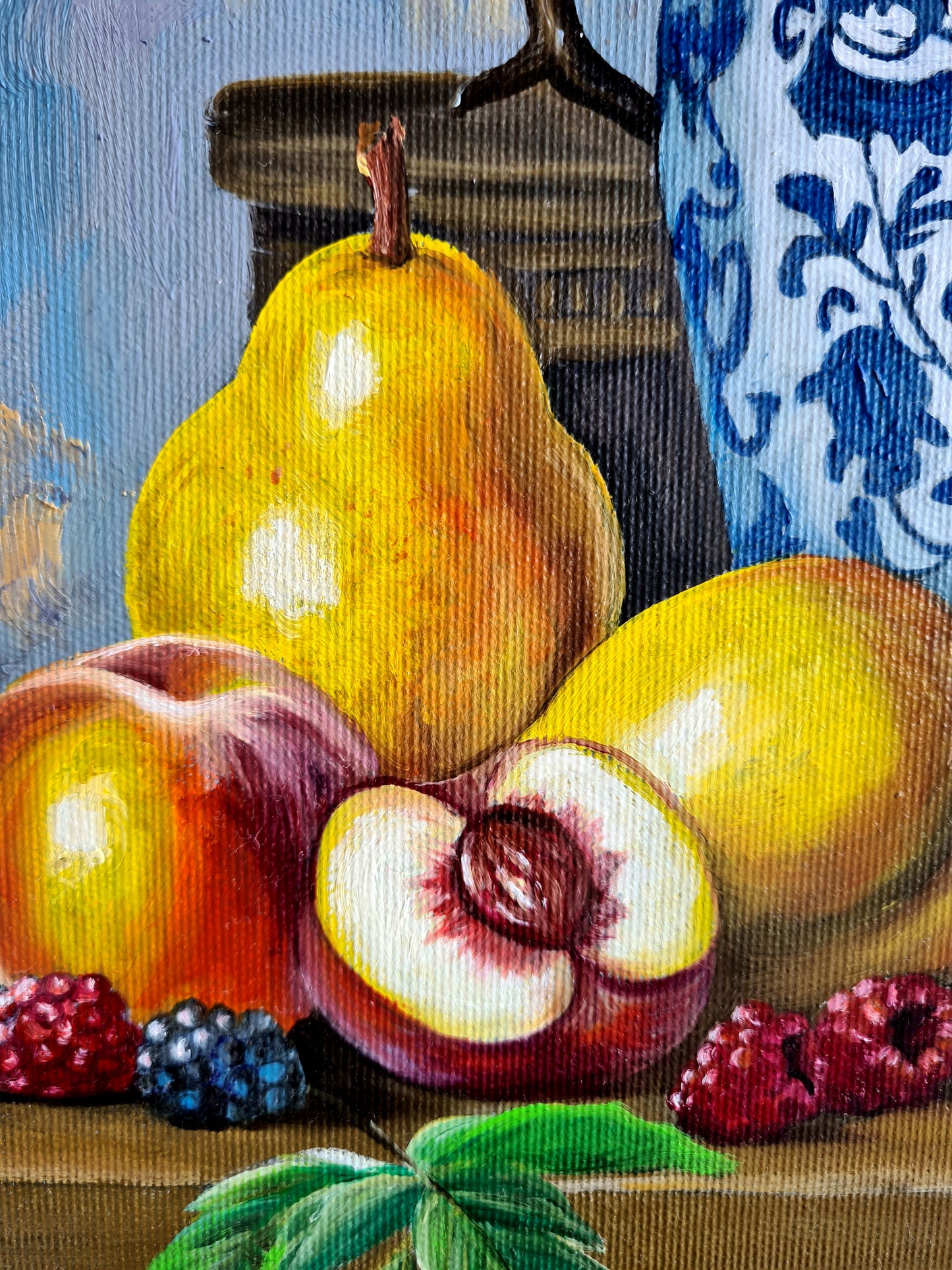 A kék korsó rejtélye – 50x50 cm-es eredeti olajfestmény vászonra, Daniella Szabò-Telektől.