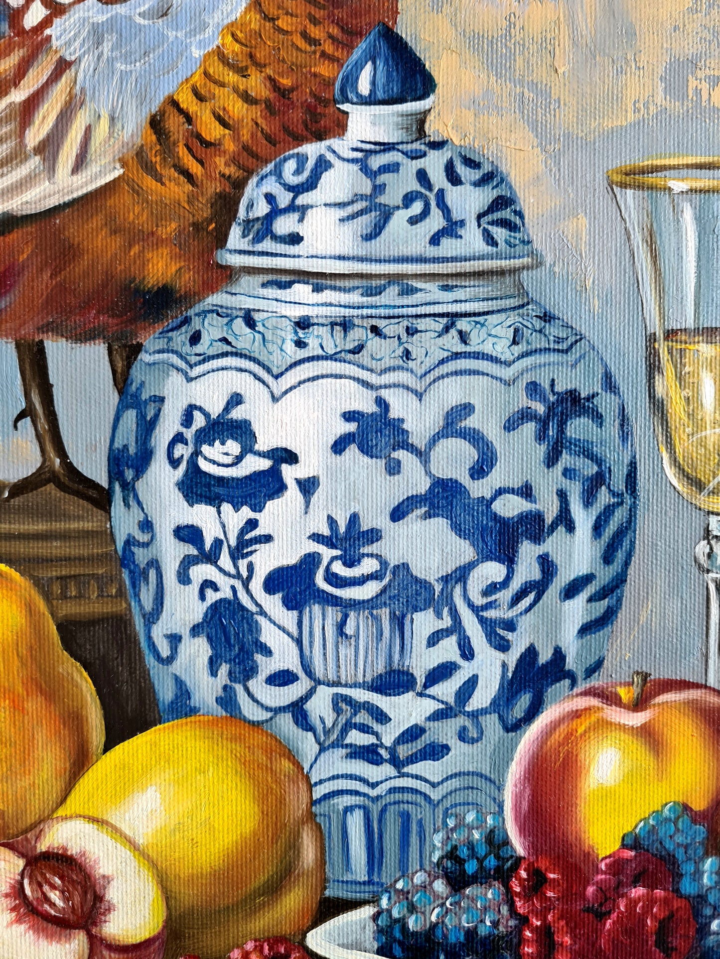 A kék korsó rejtélye – 50x50 cm-es eredeti olajfestmény vászonra, Daniella Szabò-Telektől.