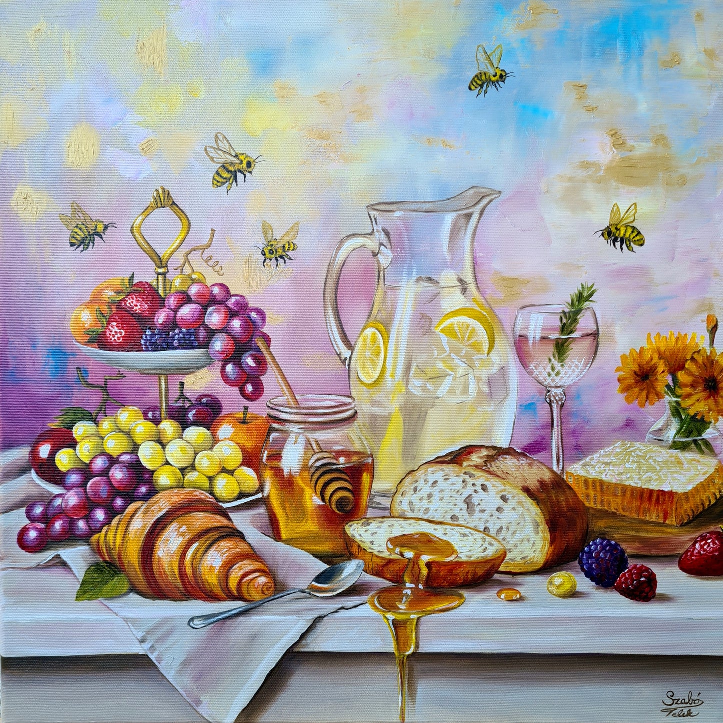 Honney bees, 50x50cm original oil painting by Daniella Szabò-Telek