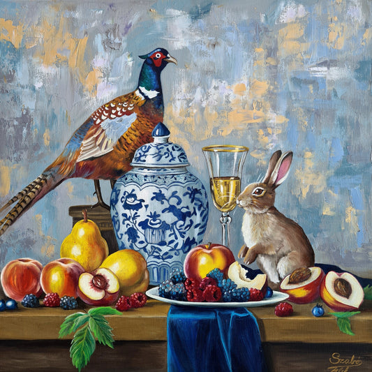 A kék korsó rejtélye – 50x50 cm-es eredeti olajfestmény vászonra, Daniella Szabò-Telektől.