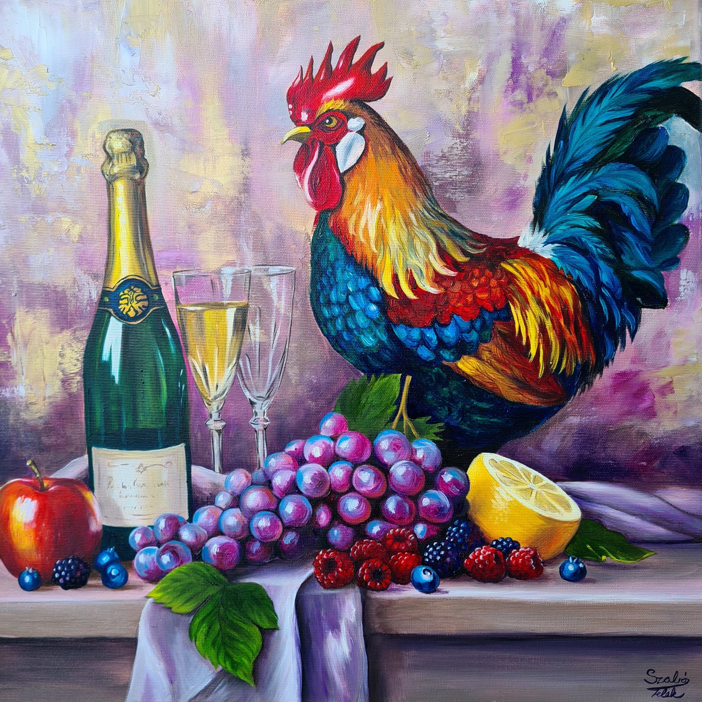 Rooster, 50x50cm original oil painting by Daniella Szabò-Telek