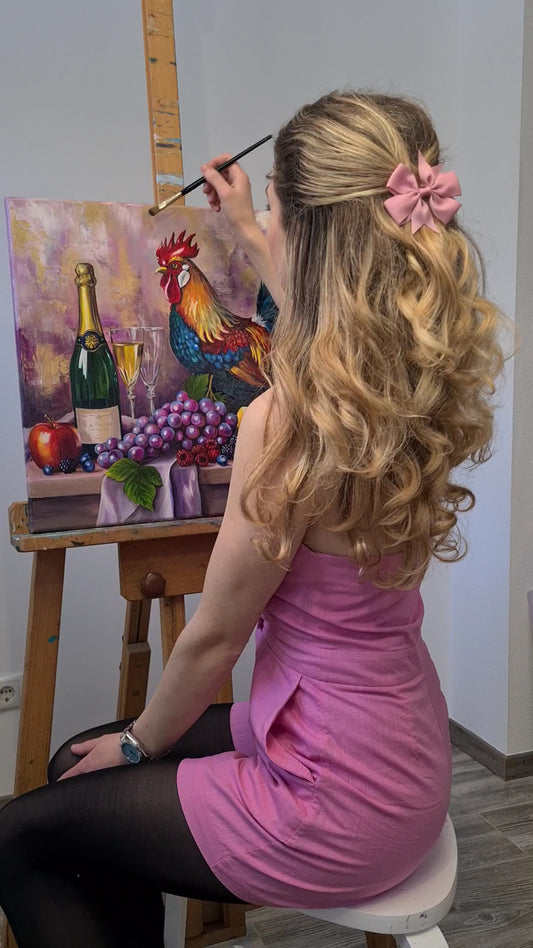 Rooster, 50x50cm original oil painting by Daniella Szabò-Telek