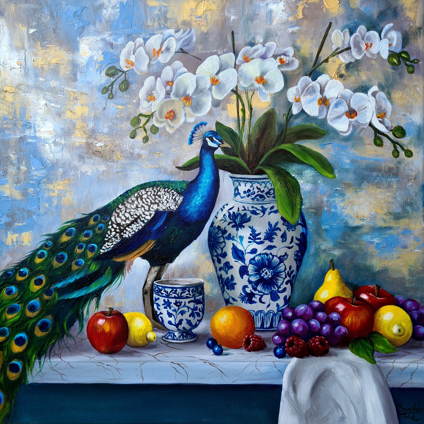 Elegant white orchide, 50x50cm original oilpainting by Daniella Szabò-Telek