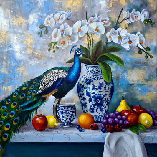 Elegant white orchide, 50x50cm original oilpainting by Daniella Szabò-Telek